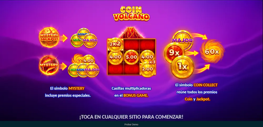 Coin Volcano demo interfaz del juego con cuadrícula 3x3 y función Hold and Win
