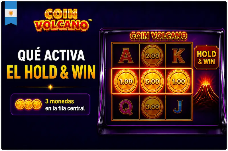 Coin Volcano tragamonedas activación Hold and Win con monedas en la fila central