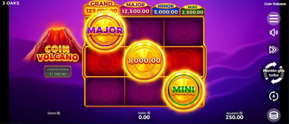 Coin Volcano slot interfaz del juego con respins y símbolos de moneda